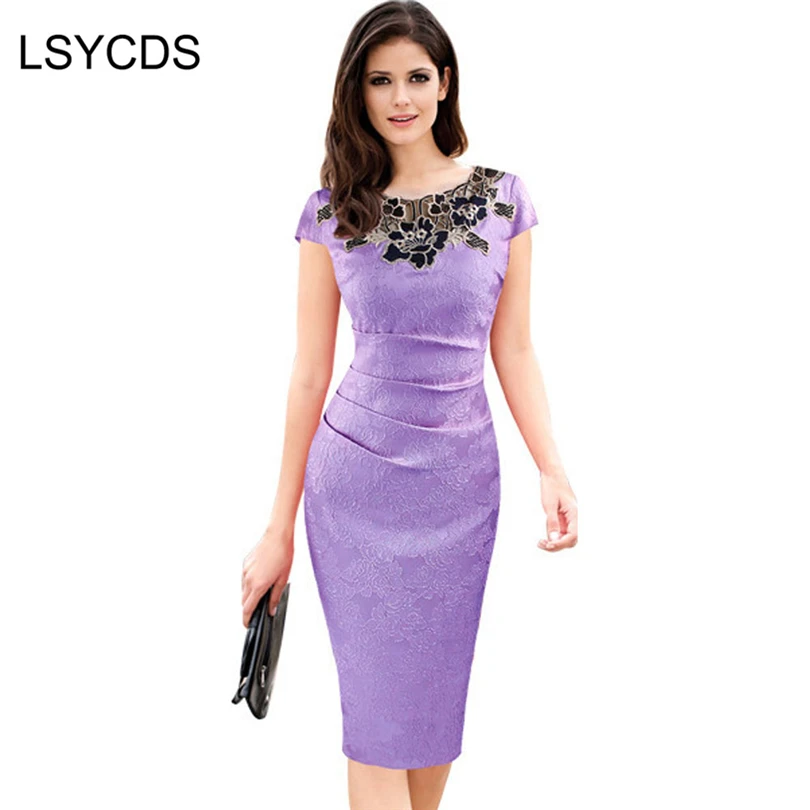 2024 Elegant Purple Women Dress O Neck Short Sleeve Hollow Out Lace Patchwork Vintage Casual Work  Bodycon Pencil Dress