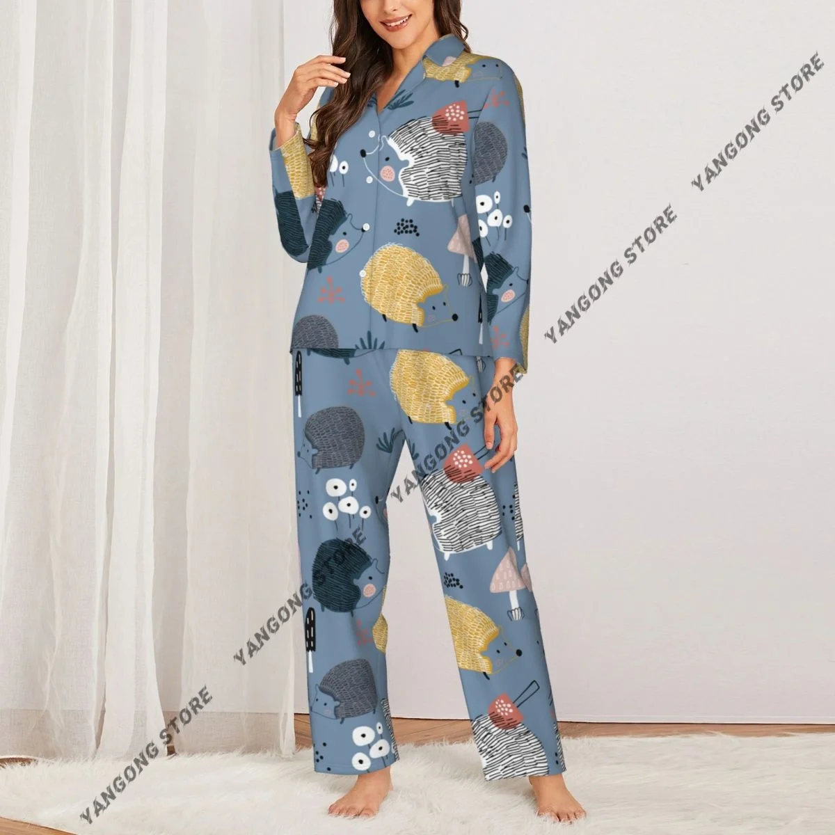 Women Sleepwear Loungewear Cute Hedgehogs And Mushrooms Long Sleeve Lapel Neck Shirt and Elastic Waist Pants Pajamas Set