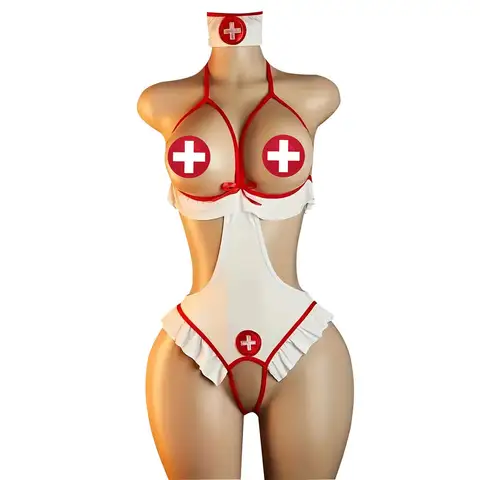 Women Nurse Role Play Teddy Babydoll Lingerie Pajamas Set S M L XL Headwear + 2Pcs Red Cross Nipple Pasties