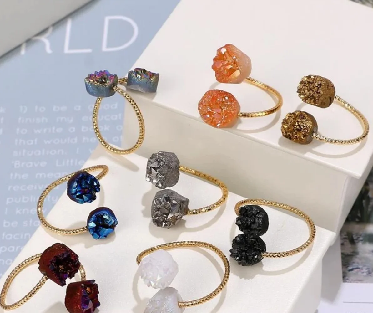 shinygem trendy jewelry irregular round natural druzy crystal adjustable rings for women wedding party