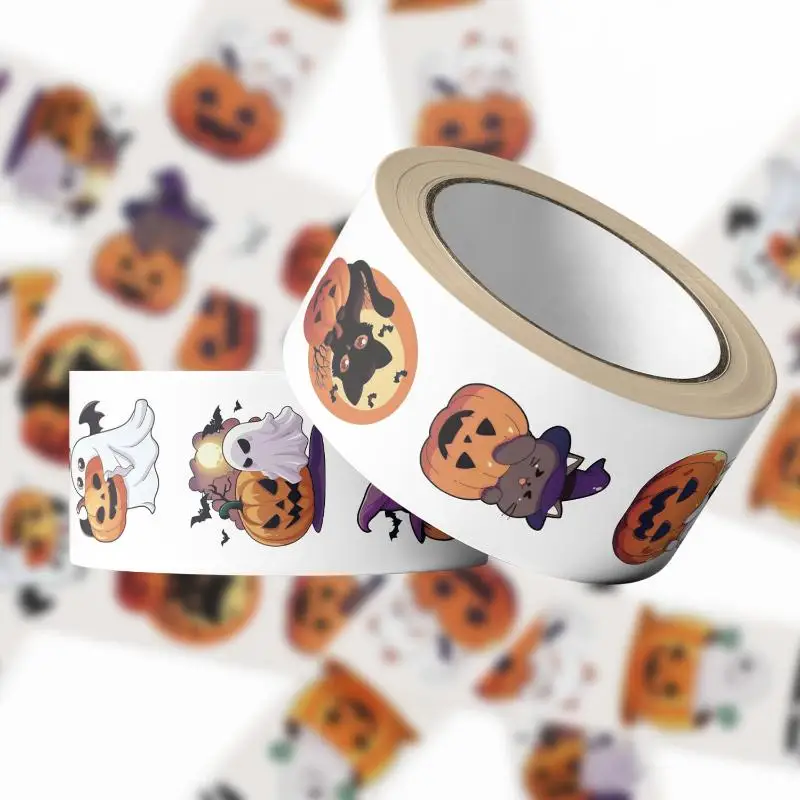 500Pcs/Roll Halloween Pumpkin Cat Ghost Stickers For DIY Journaling Laptop Envelope Scrapbook Car Motorcycle Decal Reward Gift