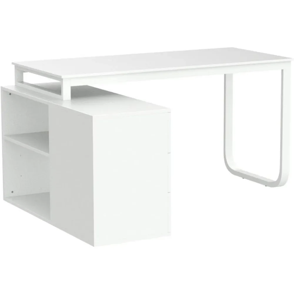 Office Computer Desk Corner Desk with 3 Drawers and 2 Shelves, 55 Inch Large L-Shaped Study Writing Table with Storage Cabinet