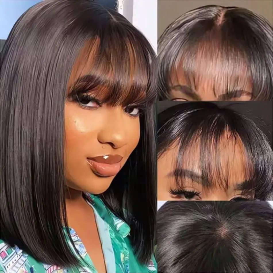 12 Inches Bangs Bob Wig Human Hair with Bangs 2×1 Lace Closure Human Hair Wigs with Bangs 180% Density, Beginner-Friendly Black