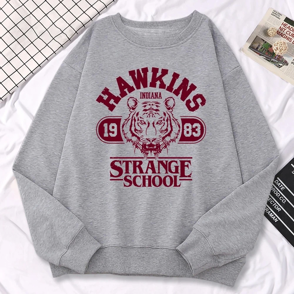 سترة نسائية غير رسمية للشارع من Hawkins High School Indiana 1983 طباعة شتوية بغطاء للرأس بلوفرات برقبة دائرية ملابس صوف دافئة