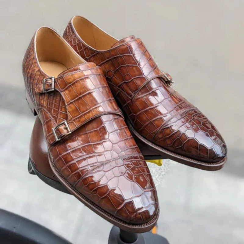 New Black Men\'s Formal Shoes Brown Crocodile Pattern Double Buckle Business Loafers Round Toe Dress Shoes Men Size 38-48