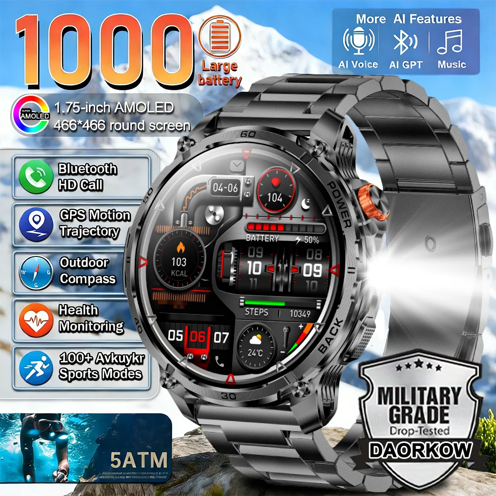 

Смарт-часы для мужчин 2026 года с аккумулятором сверхвысокой емкости 1000 мАч, большим экраном 1,75 дюйма, звонками по Bluetooth, водонепроницаемостью IP68, для спорта
