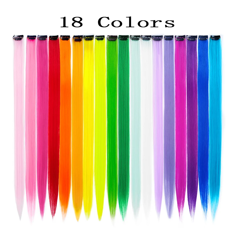 Colored Hair Extensions 22Inch Party Highlights Clip in Hair Straight Rainbow Hairpiece Synthetic Hair Piece for Girls Kids Gift