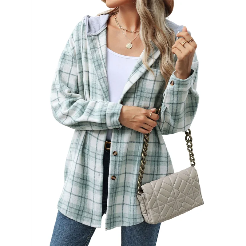 

ABRT-Женская клетчатая куртка с капюшоном и длинными рукавами, повседневная осенняя рубашка на пуговицах и шнурке с карманами