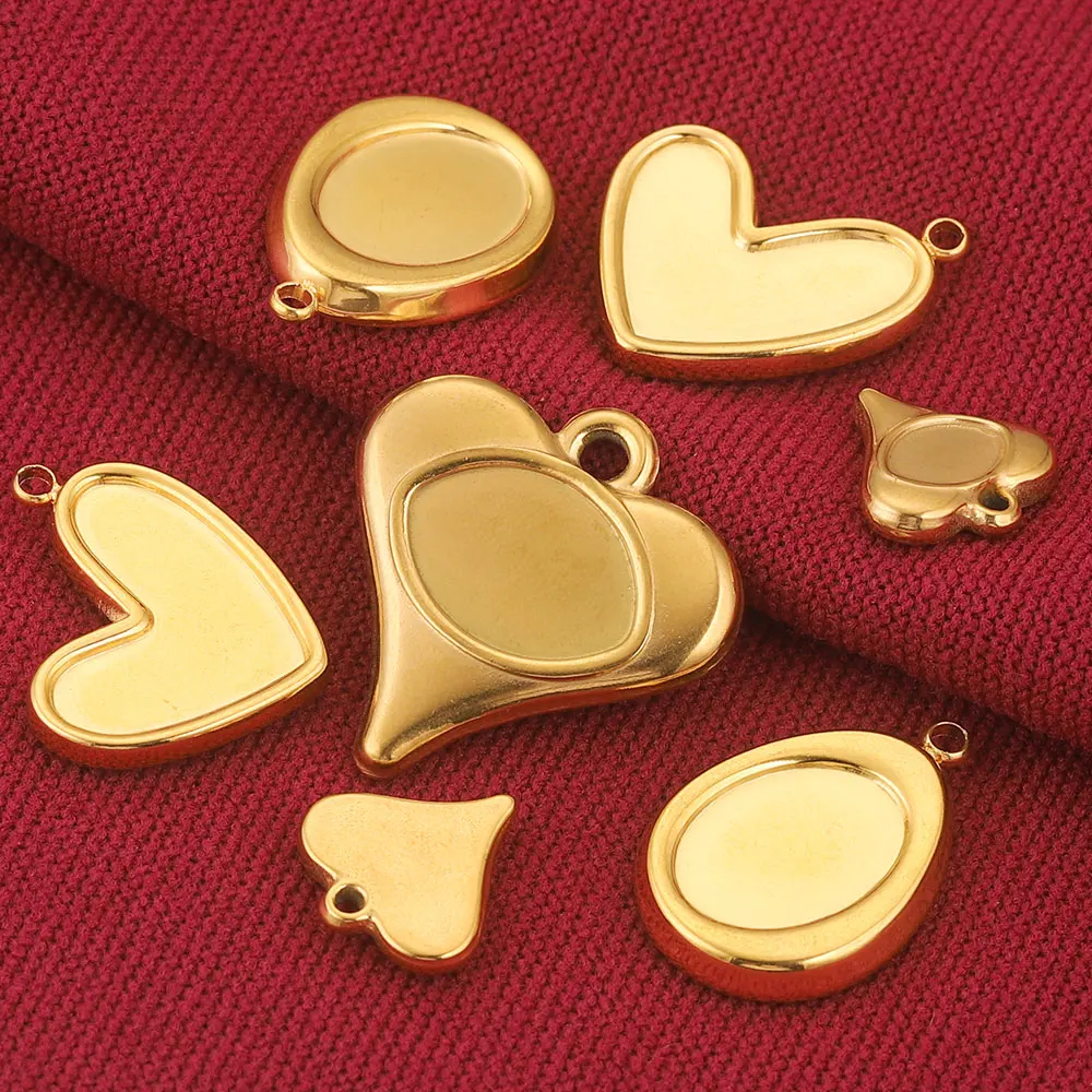 5pcs Stainless Steel Plated Gold Cartoon Heart Charms Pendant Blank Base Diy UV Resin Cameo Earrings Jewelry Making Supplies