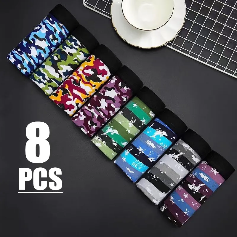 8pcs/Lot Men\'s Underwear Fashion Trend Comfortable Soft Fabric Boxer Shorts Mid Waist Striped Camouflage Breathable Boxer Shorts