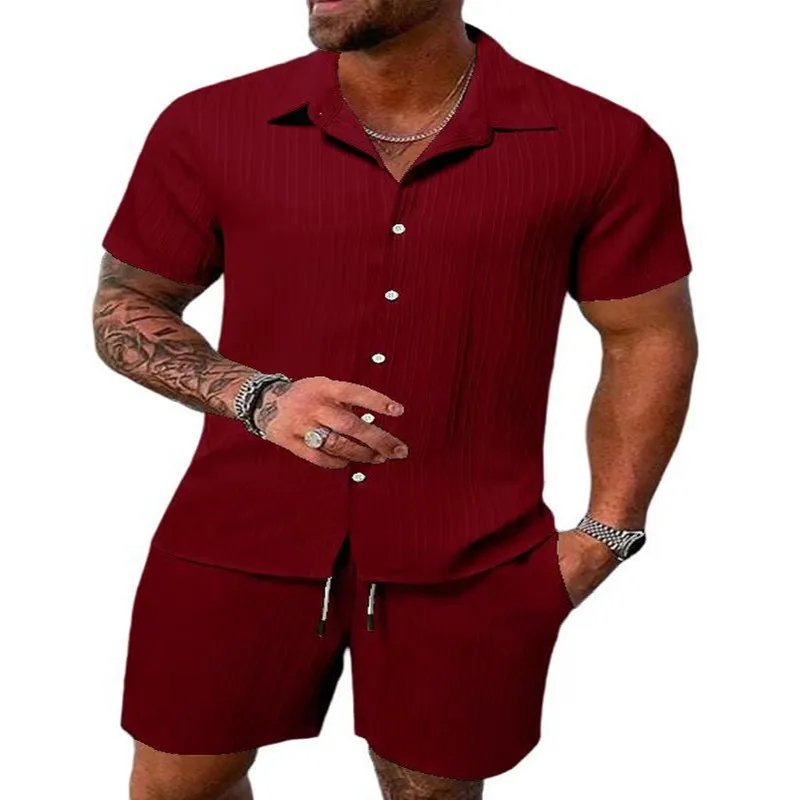 Men's fashion Summer New Casual Solid Color Striped Suit Men's High Quality Two-Piece Beach Style short Sleeve Shorts Suit