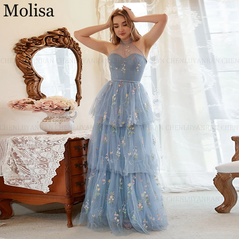 MOLISA Exquisite Flower Embroidery Prom Evening Dress 2024 A-Line Halter Grey Blue Tiered Party Gowns Sleeveless Floor-Length