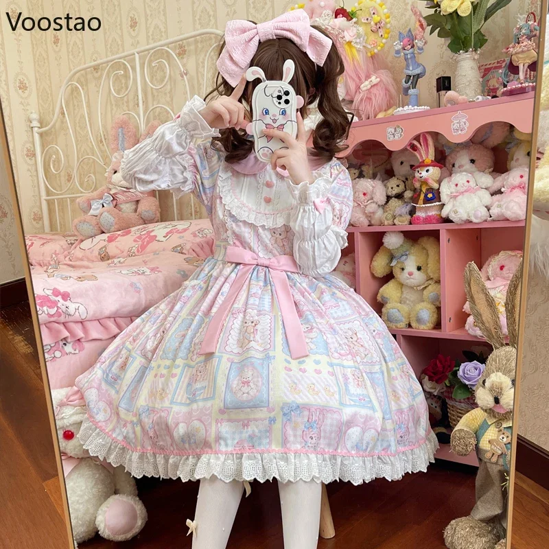 Japanese Harajuku Kawaii Lolita OP Dress Women Sweet Lace Cartoon Bunny Bear Print Party Dresses Girls Cute Bow Princess Dress