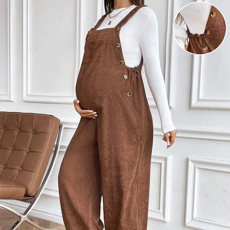 Maternity Overalls Spring and Autumn Maternity Belted Pants with Adjustable Waist and Fashionable Loose Corduroy Belt Pants