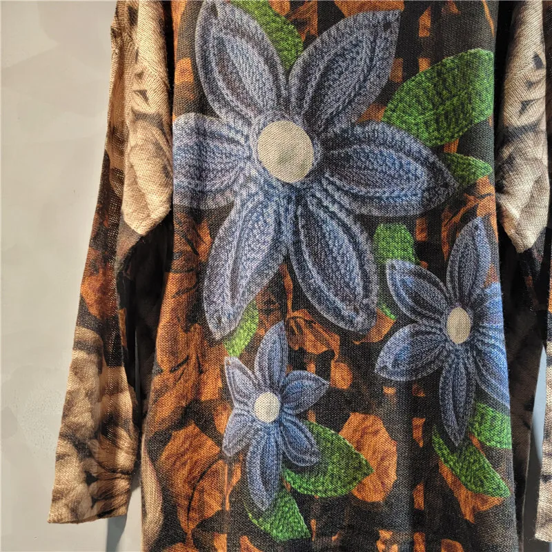 WTHT mode femmes épissé fleur irrégulière imprimé pull en tricot 2025 été à la mode col rond à manches longues pulls femme 1LS1392