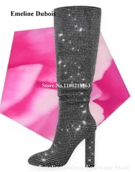 Bling Bling Rhinestones Knee High Chunky Heel Boots Emeline Dubois Round Toe Black Crystals Long Thick Heel Dress Pumps