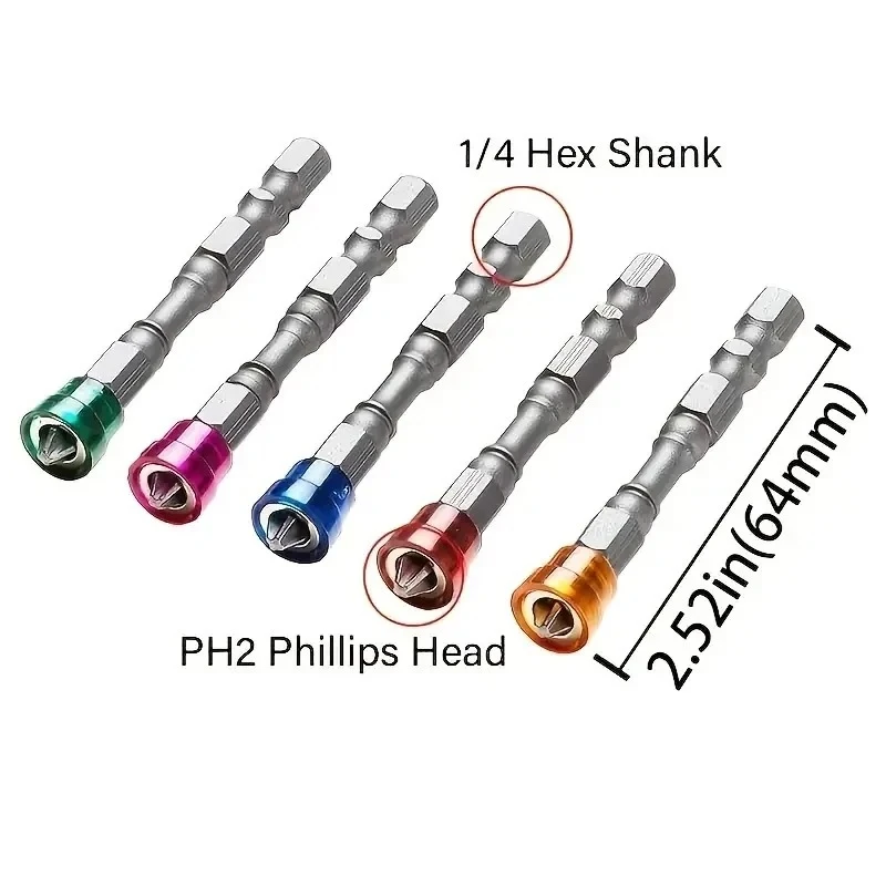 5Pcs Magnetic Screwdriver Bit Set Phillips PH2 Screw Driver Bits 1/4 Inch Hex Shank Drywall Electric Drill Tool Accessories