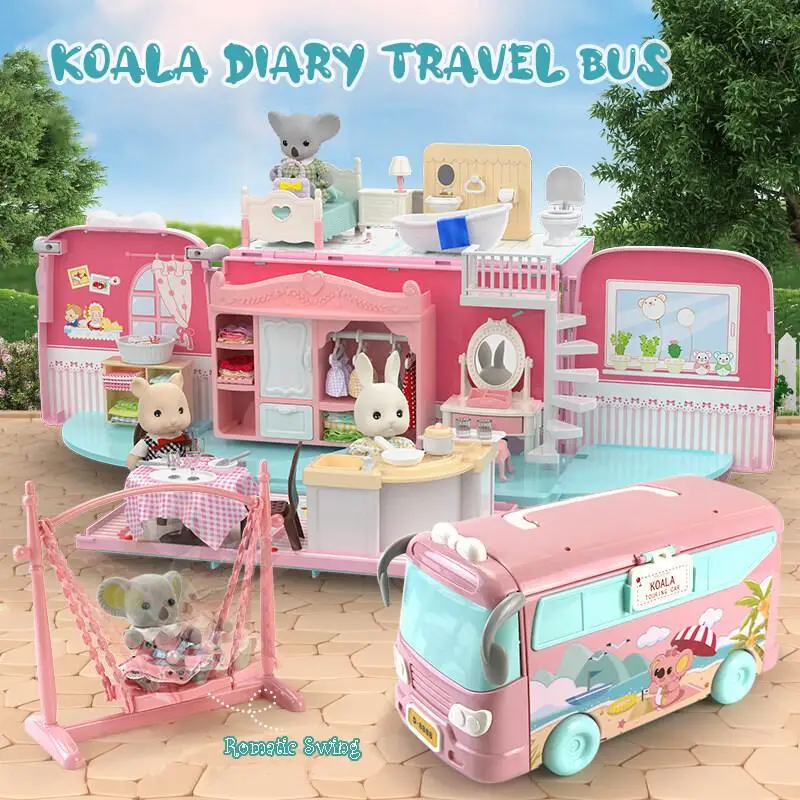 Koala Tour Bus Dollhouse DIY Miniature Pretend Play House Toy Dresser Kitchen Furniture Doll Villa Educational Toy Girl Gift