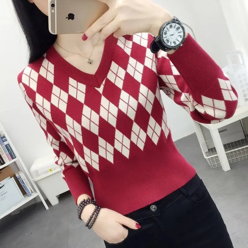 Autumn Winter New Women\'s Pullovers Argyle V-Neck High Waist Slim Appear Thin Sweaters Fashion Casual Versatile Long Sleeve Tops