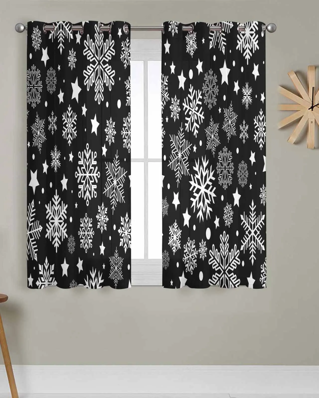 

Tulle Window Curtains Black Snowflakes Tile Pattern for Living Room Bedroom Transparent Chiffon Sheer Voile Window Curtain