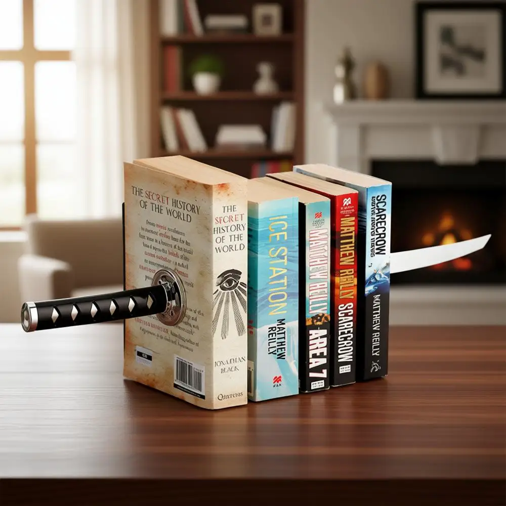 

Stylish Black Metal Unique DVD Bookends, Sword-Inspired Book Holders for Home or Office, Desk Gifts for Book Enthusiasts