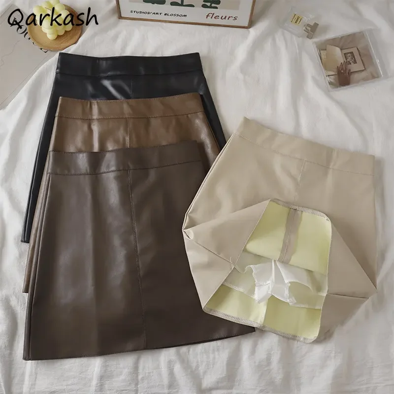 

PU Leather Mini Skirts Women Sexy S-3XL Slim A-line Pure Minimalist Vintage Y2k Clothing Streetwear Мини Юбки European Fashion
