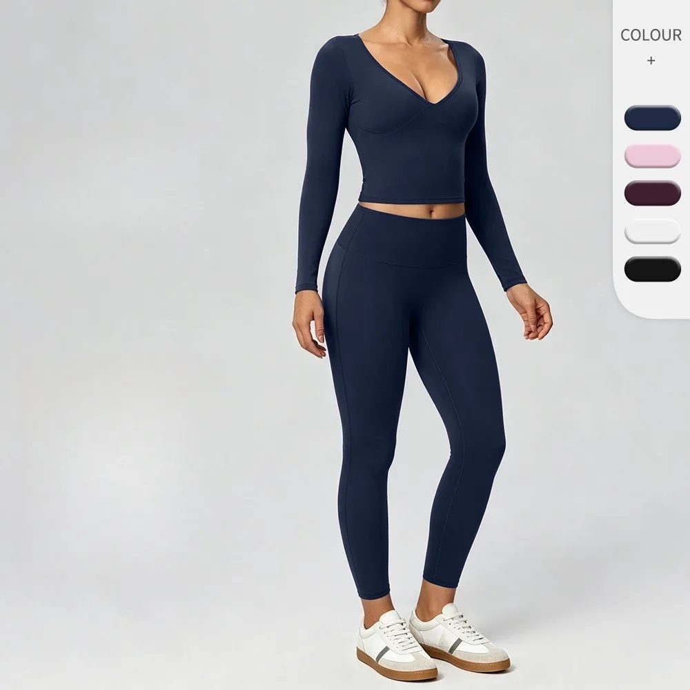 Women Yoga 2‑Piece Set Deep V Long Sleeve Top Hip Lifting Pants Soft Double Brushed Fabric Gym Fitness Sports Outfit