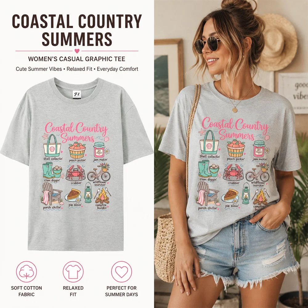 Coastal Country Summers Graphic T Shirt Women Summer Beach Tee Casual Short Sleeve Top Cute Shell Peach Crab Print Vacation Tees