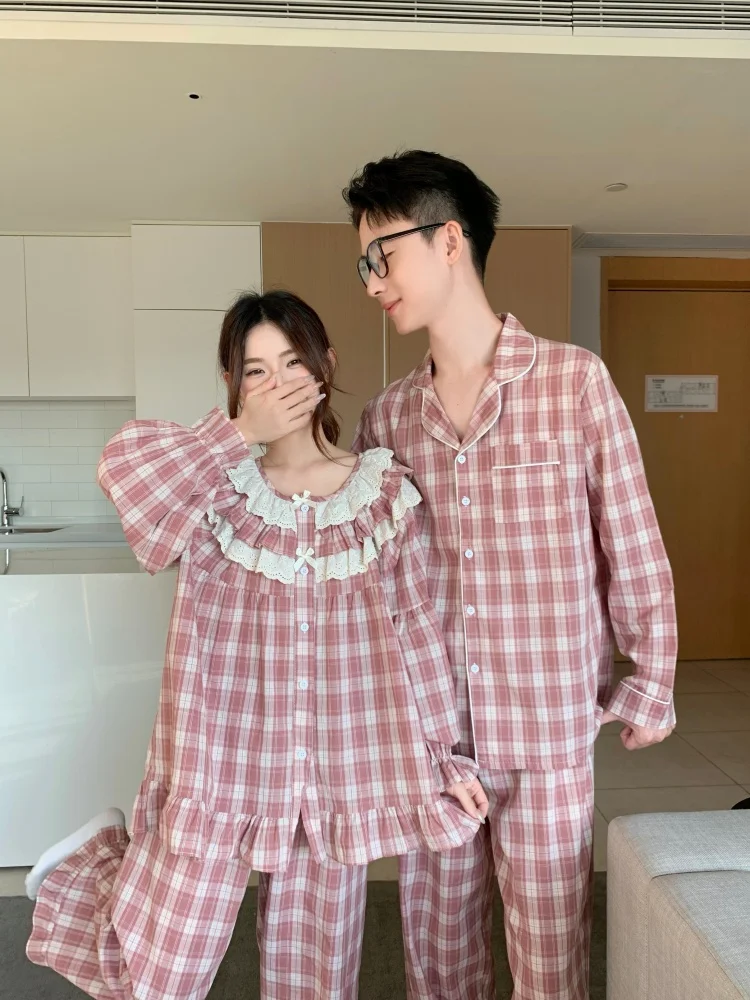 

pink plaid autumn couple lovers pajamas set women cotton lace blouse + trousers two piece home suit sweet korean sleepwear soft