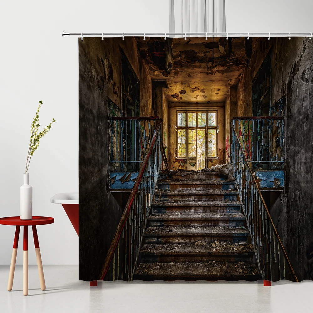 3D Print Retro Broken Old Door Shower Curtains Vintage Iron Gate Brick Stone Staircase Bathroom Accessor Waterproof Bath Curtain