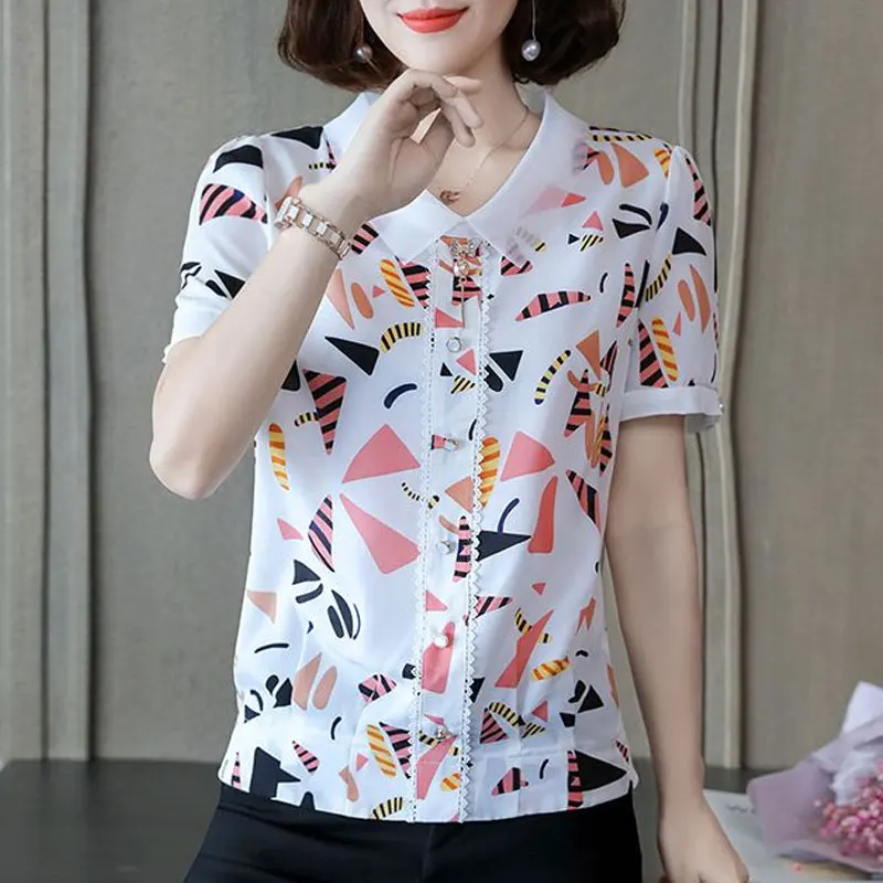 Fashion Geometric Printed Blouse Casual Gauze Peter Pan Collar Female Button Lace 2023 Summer Three-dimensional Decoration Shirt