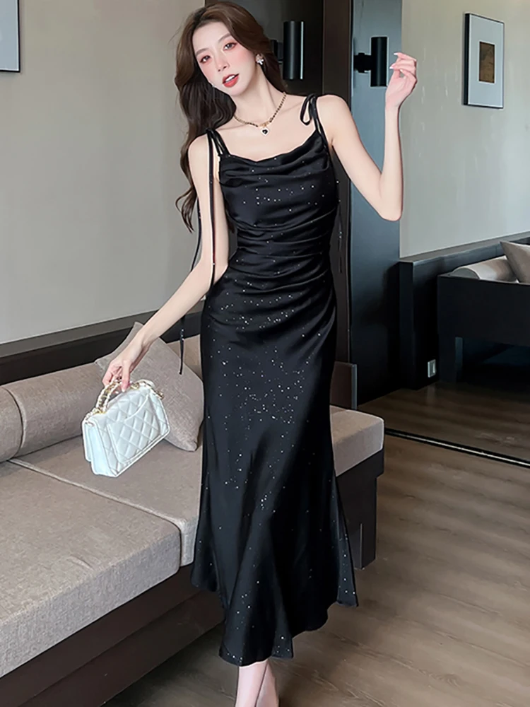 الصيف الأسود مشرق الحرير الساتان شيك القوس حبال مثير فستان طويل المرأة الكورية خمر فستان هيبورن 2025 أنيقة Bodycon فستان الحفلة الراقصة