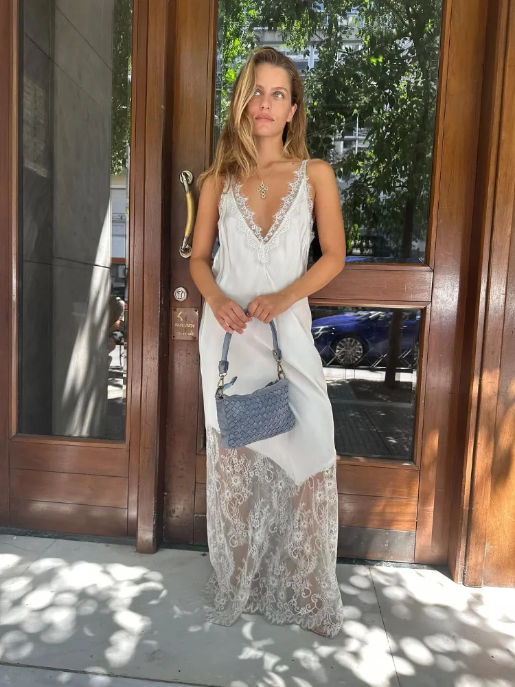 Seksowna sukienka mini na ramiączkach z satyny z koronkowymi wstawkami, modna, bez rękawów, z odkrytymi plecami, dekoltem w serek, luźna, satynowa długa sukienka, sukienka na przyjęcie, kolację.