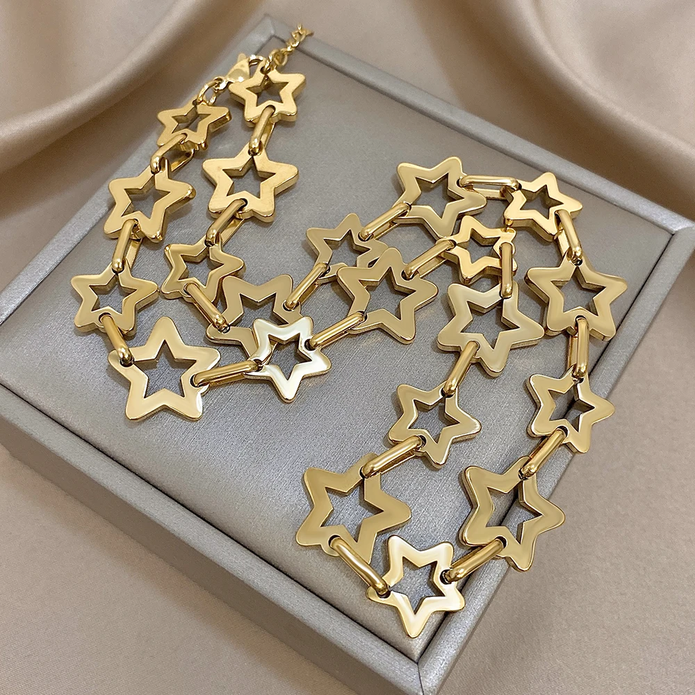 Mode Edelstahl Gold Silber Farbe Halskette für Frauen Nette Hohle Sterne Link Kette Halsketten Wasserdicht Schmuck Geschenke – Detail 12