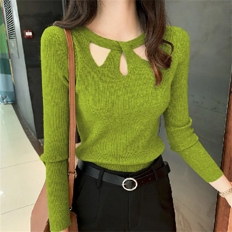 Autumn Winter Ribber Knitted T Shirts Women Green Spring Hollow Out White Basic Long Sleeve Tops Lady Casual Tees