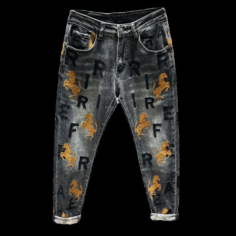 Men's Clothing Spring and Autumn high quality Embroidered Jeans Fashion Brand Handsome All-match Stretch Slim-fit Trousers