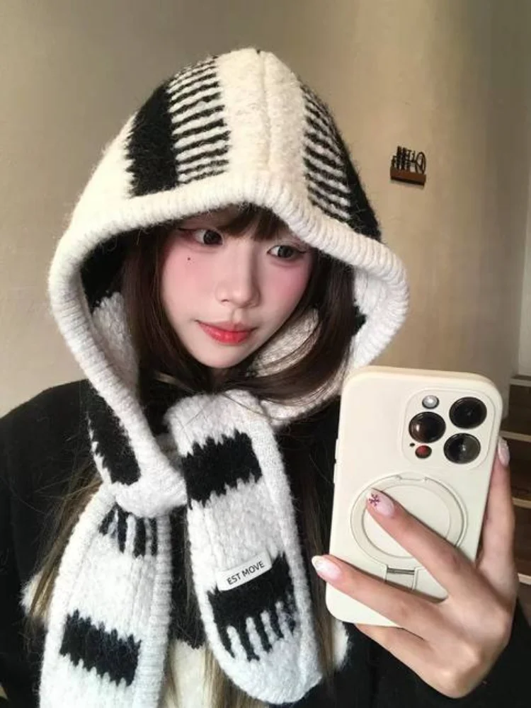 Women's Colorblock Striped Knit Hat Scarf Integrated Hooded Balaclava Thickened Warm Cold Proof Fuzzy Winter Fall Pullover Cap