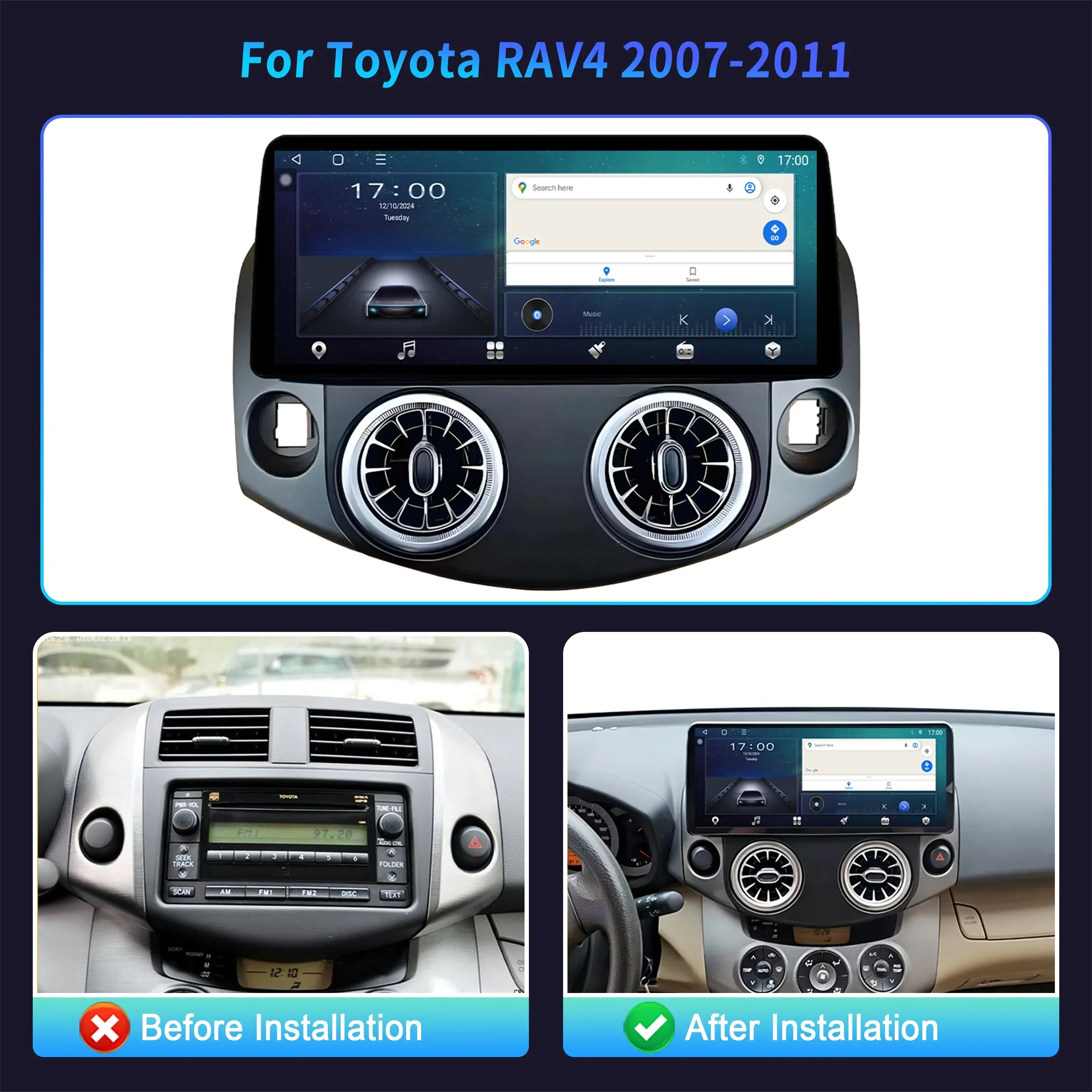 Car Radio Multimedia 12.3inch GPS For Toyota RAV4 2007-2011 Navigation Wireless  BT CarPlay Android 15 Stereo Touch Screen