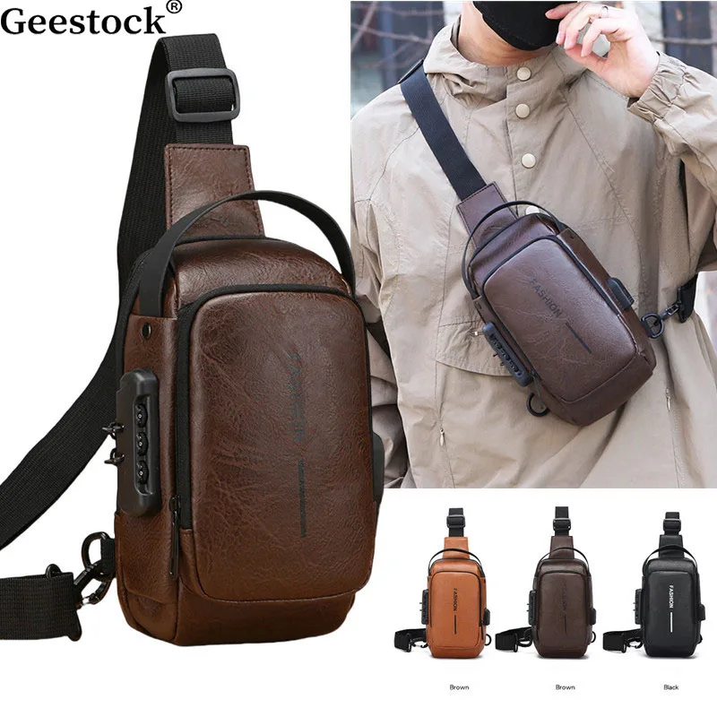 Geestock New Men's Anti theft Lock Chest Bag with USB Charging Adjustable Shoulder Strap Multi functional Sling Bag for School