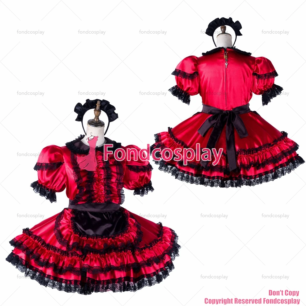 

fondcosplay adult sexy cross dressing sissy maid short red satin dress lockable Uniform black apron costume CD/TV[G2200]