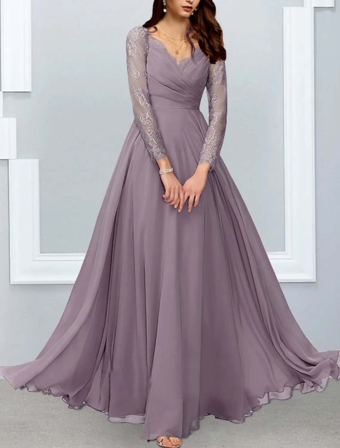 2023 elegante a linha mãe da noiva vestidos para mulher v pescoço chiffon até o chão manga longa apliques formais vestidos de noite