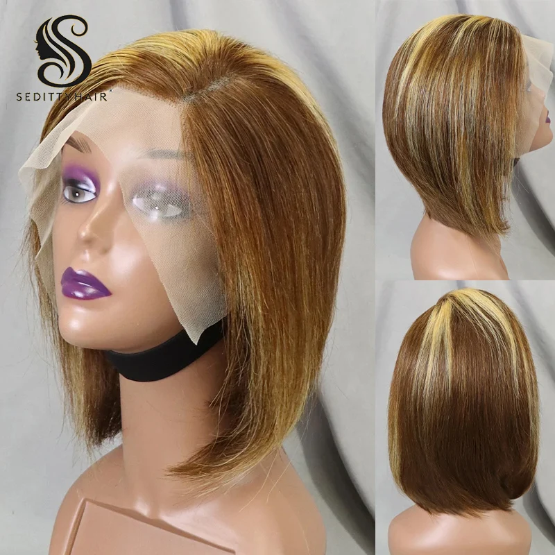 

Honey Brown Ombre Blonde Pixie Cut Blonde Bob Wig 13X4 Lace Front Highlight Short Straight Human Hair Wig Pre Plucked Remy Hair