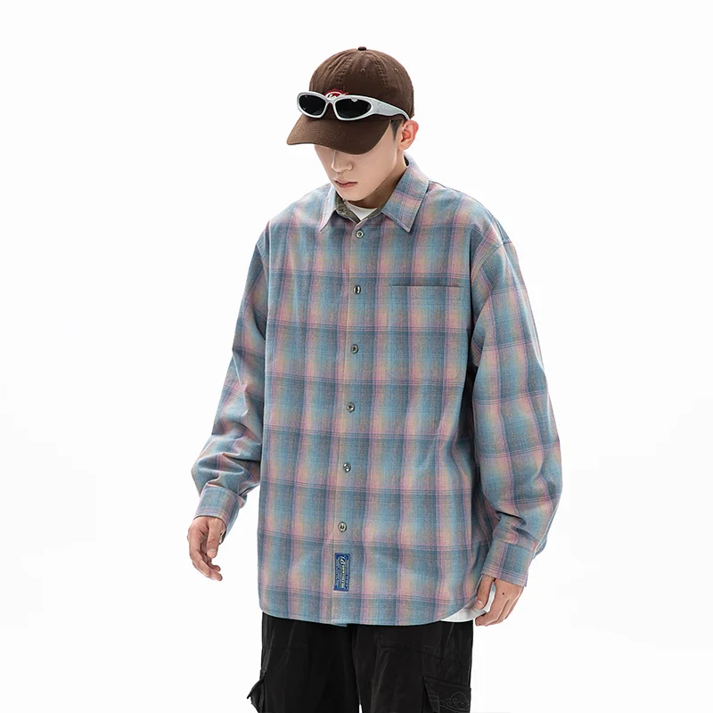 Oversized Long Sleeved Shirt Men Fashion Casual Shirt Men Streetwear Korean Loose Colorful Plaid Shirt Mens Vintage Shirts M-2XL