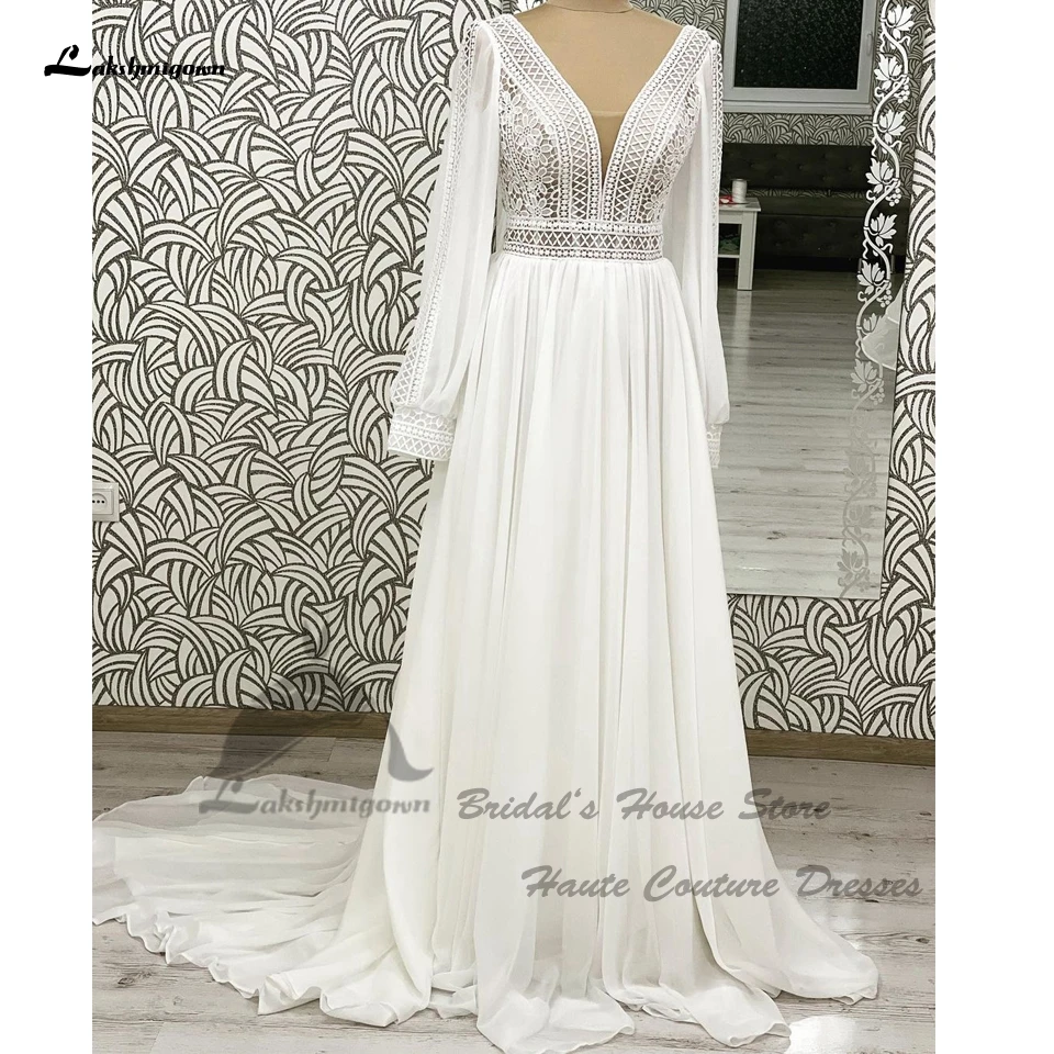 Lakshmigown Voluminöse Chiffon-Strandhochzeitskleider mit Langen Ärmeln 2026 Vestidos Elegante Boho-Brautkleider mit Schnürung am Rücken Maßanfertigung – Detail 3