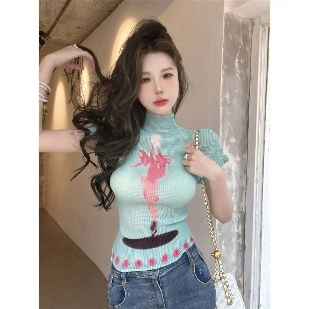 Dopamine Mint Green Semi-turtleneck Short Sleeve T-Shirt Women's Summer Pure Desire Sweet Spice Girl Short Top Chic