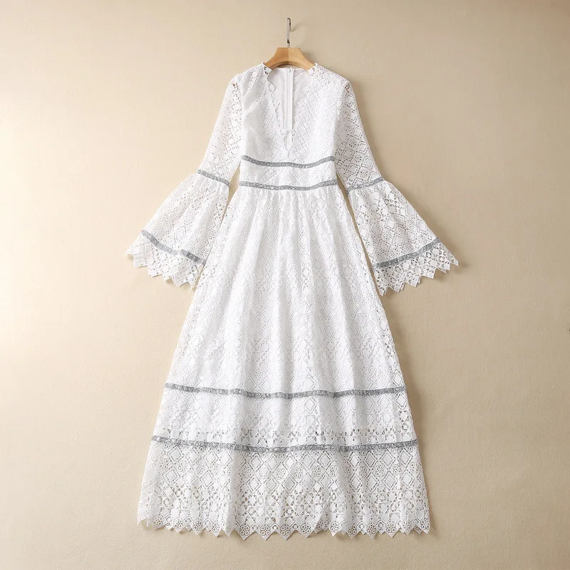 

European and American women's wear for winter 2022 Trumpet long sleeve V neck hollow water soluble flower fashion White Dress