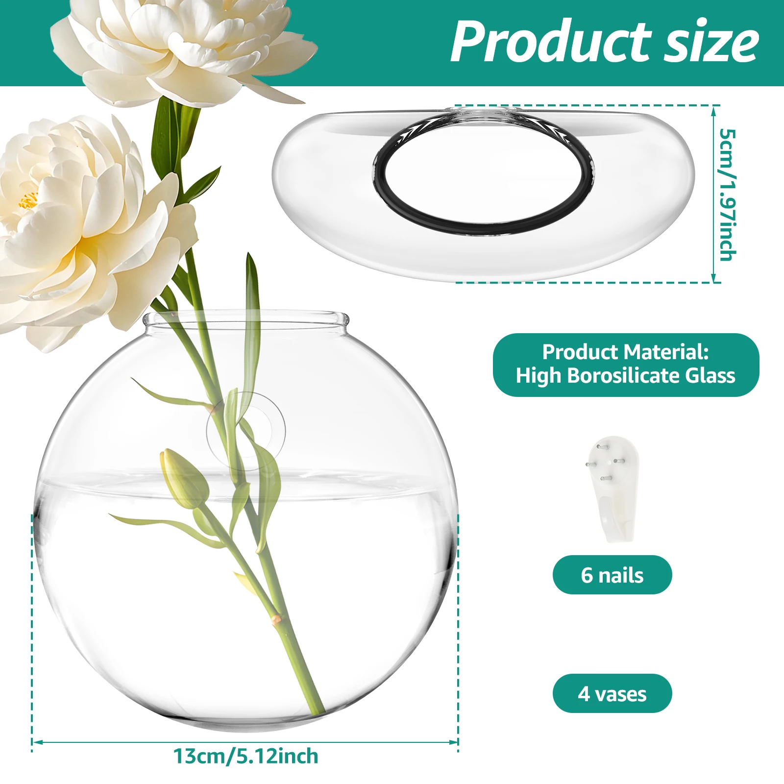 2/4Pcs Glass Wall Vase with Nail Hook Clear Wall Hanging Planter Propagation Vase for Flower Hydroponics Plant Home Office Decor