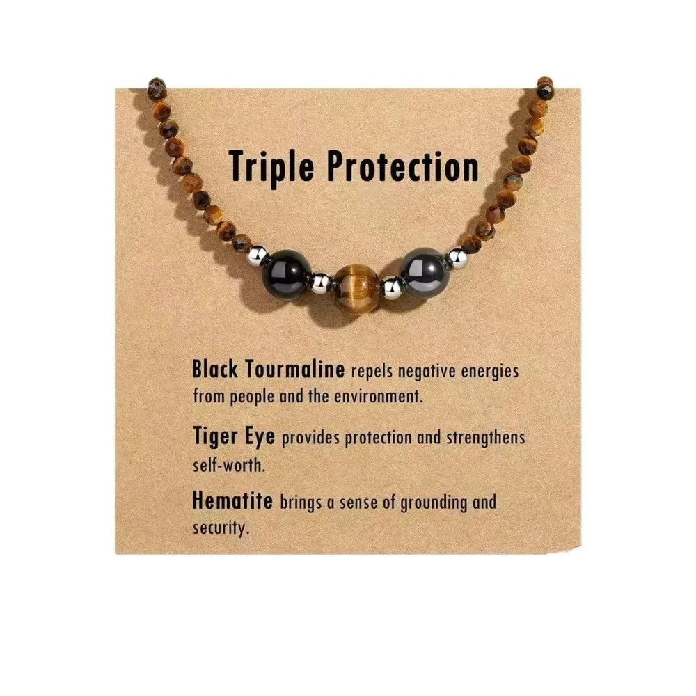 Natural Gemstone Crystal Necklace Anxiety Relief Healthy Pregnancy Beaded Choker New Beginnings Triple Protection