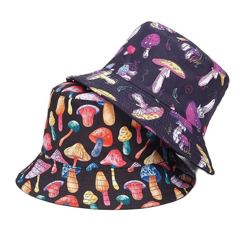 Four Seasons Cotton Cartoon Mushroom Print Bucket Hat Fisherman Hat Outdoor Travel Sun Cap for Men and Women 184