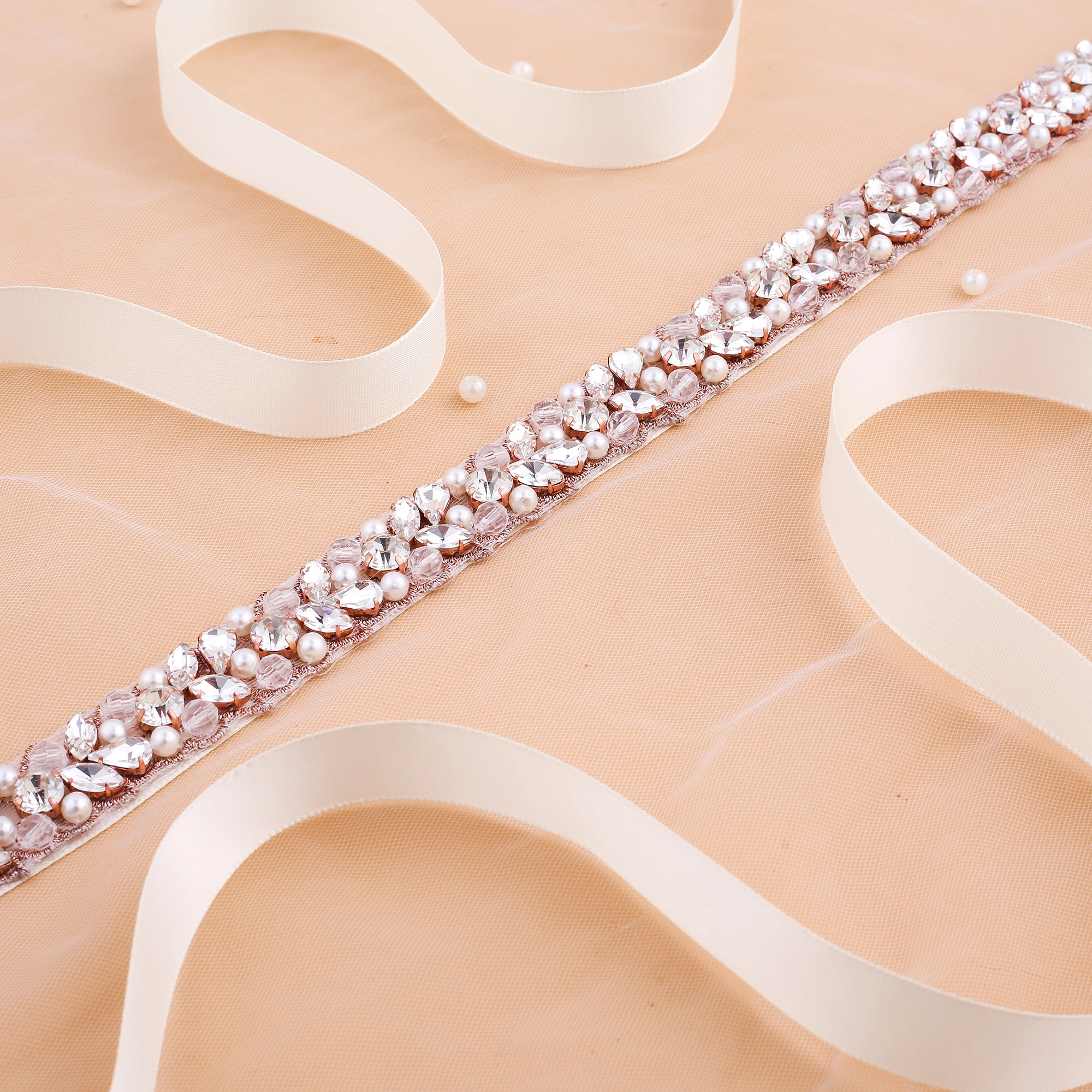 Nzuk Rose Gold Diamond Wedding Riem Strass Bruids Sjerp Kristal Parels Bruidsmeisje Riemen Voor Trouwjurk